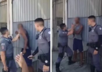 PM imobiliza homem negro pelo pescoo e joga spray de pimenta no rosto