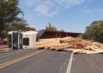 Carreta carregada de madeira tomba na BR-153