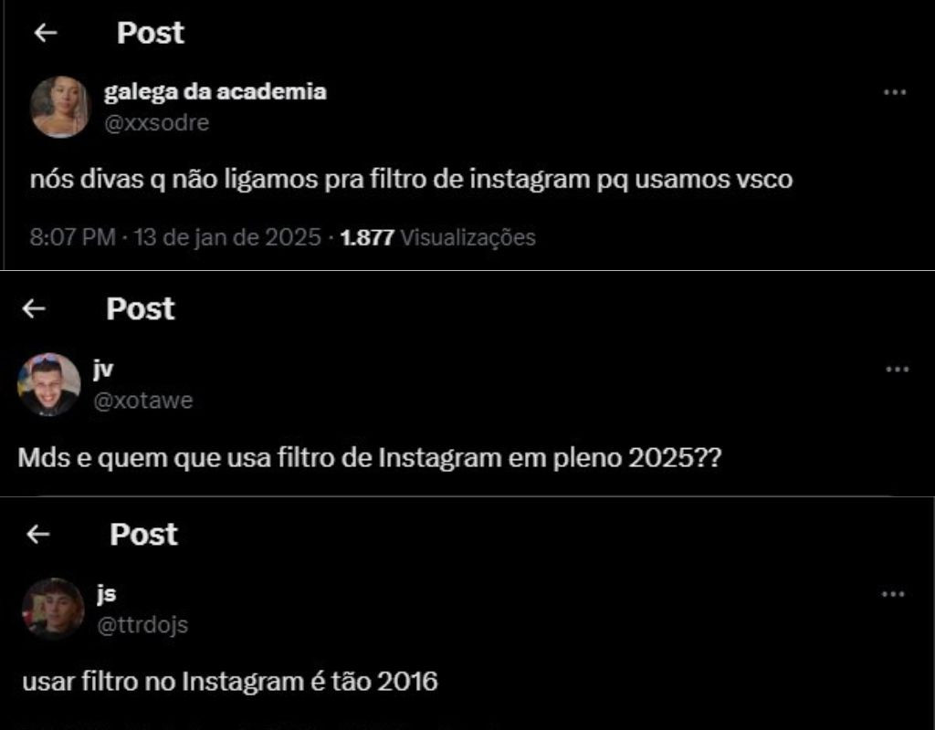 Publicações no X sobre filtros Instagram