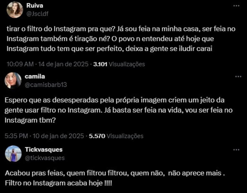 Publicações no X sobre filtros Instagram