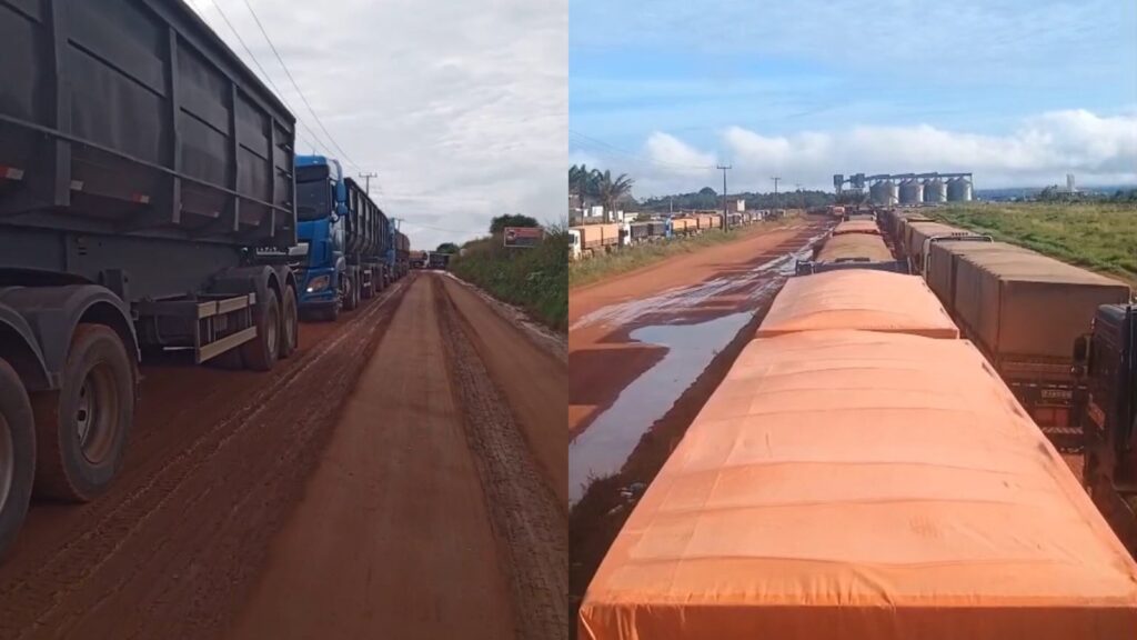 Fila quilométrica de carretas trava trânsito na BR-230 em Itaituba