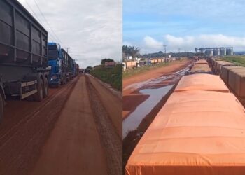 Fila quilométrica de carretas trava trânsito na BR-230 em Itaituba