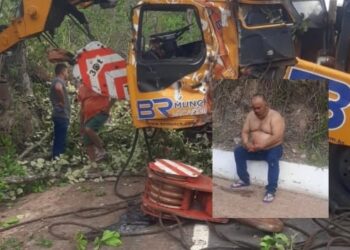 Motorista age rápido e evita tragédia: caminhão-guindaste fica atravessado na estrada do Manso