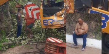 Motorista age rápido e evita tragédia: caminhão-guindaste fica atravessado na estrada do Manso