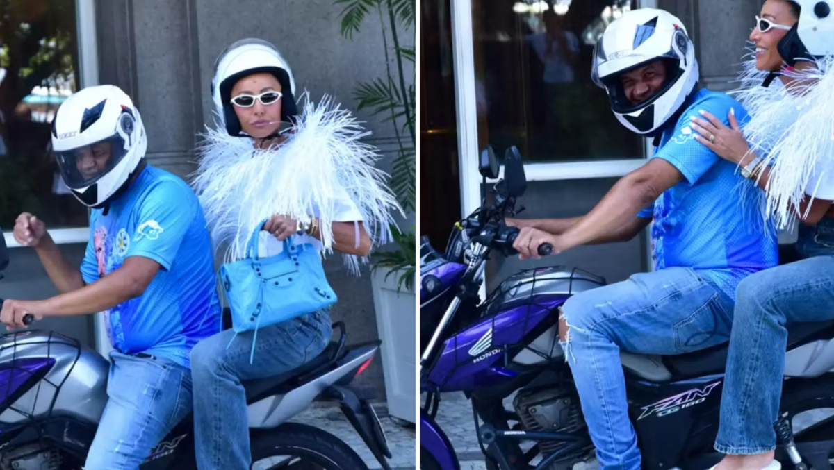 Sato vai de moto à apuração e chama atenção com bolsa grifada
