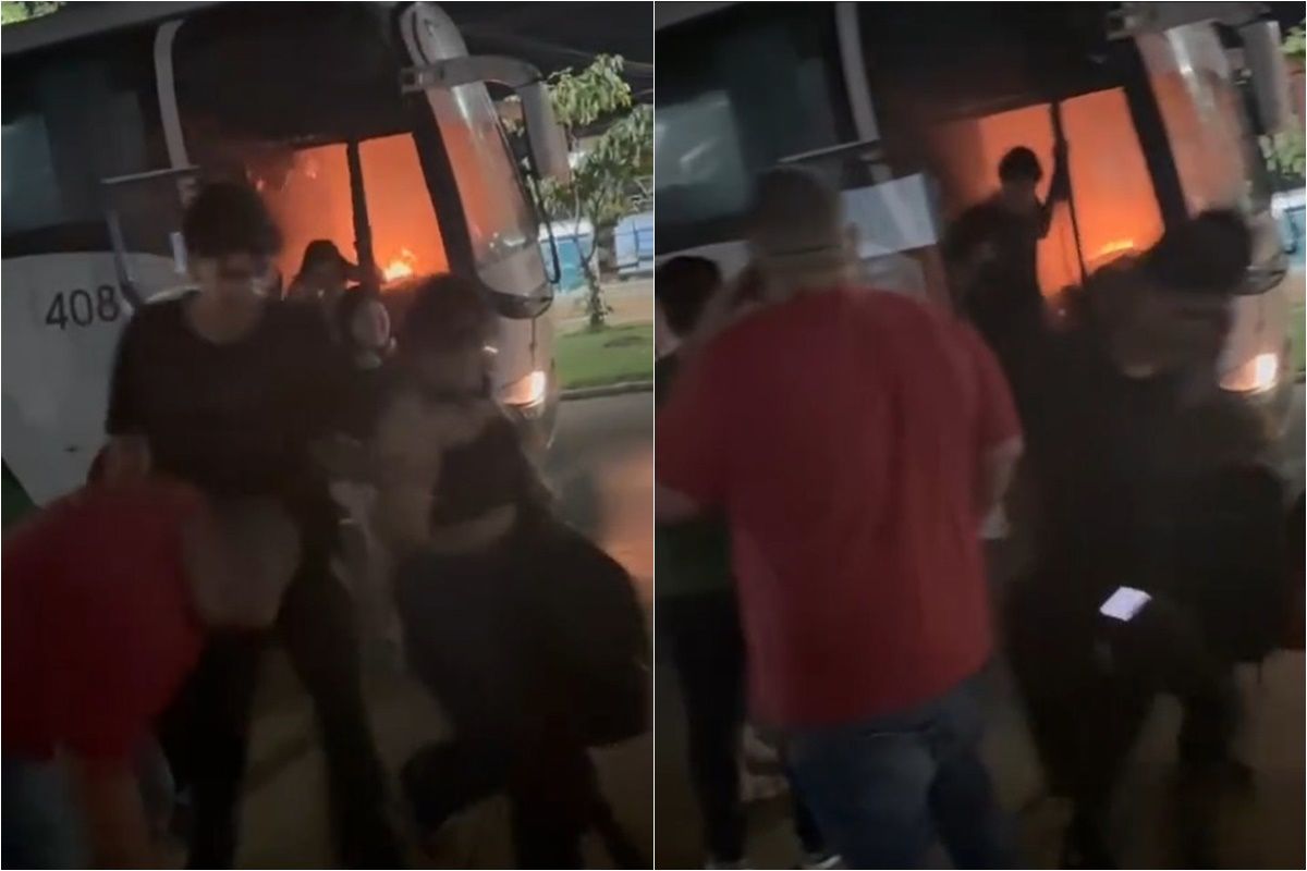 Ônibus com universitários pega fogo e causa pânico em MT; vídeo