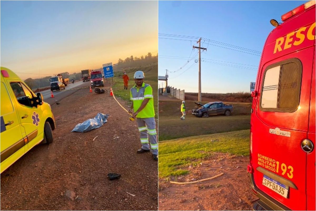 Um morre e dois ficam feridos em acidente entre moto e picape