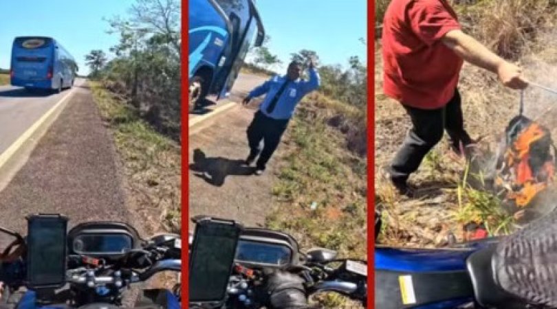 Motorista de nibus ‘fecha’ piloto e alerta sobre moto em chamas | FOLHAMAX