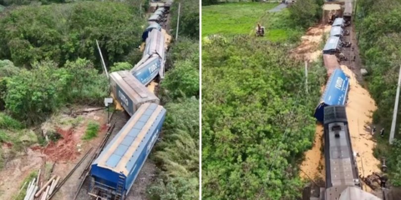 Trem que transportava milho tomba sobre ponte aps descarrilar | FOLHAMAX
