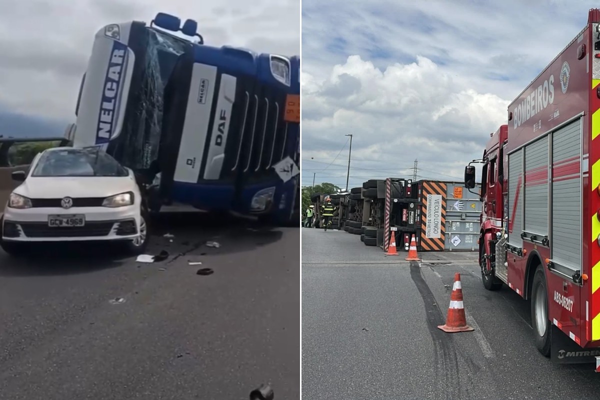 Carreta com dois contêineres tomba sobre carro da CPFL na Via Anchieta, em Cubatão